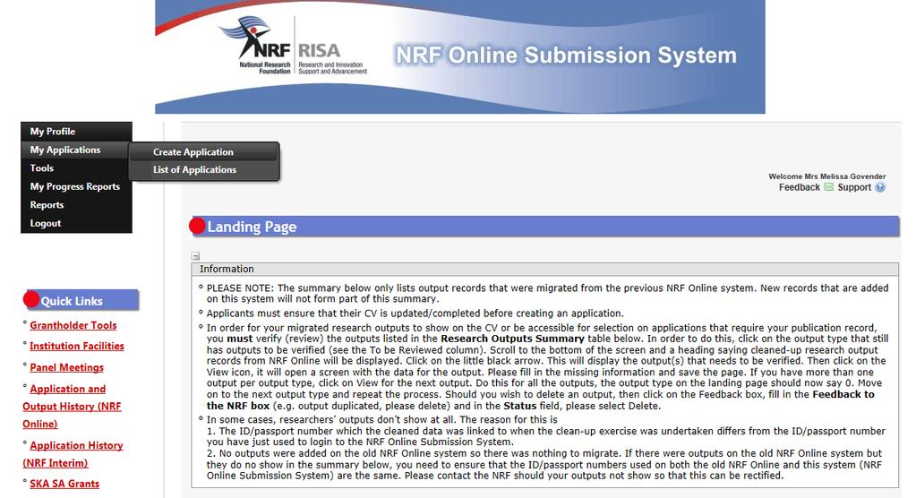 Step 2: Once you have logged in to the NRF Online Submission System, on the landing page, go to the left hand side black menu (tab indicated with blue