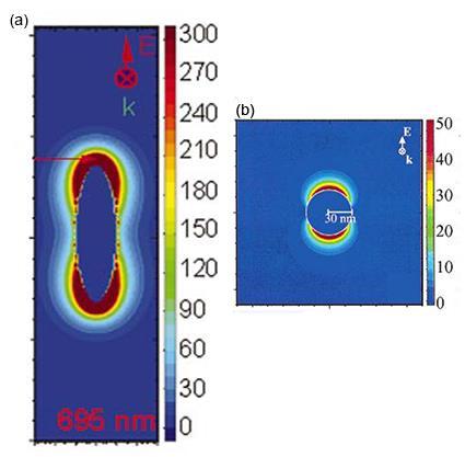 Figure 3.2 (a) Electric field enhancement at longitudinal plasmon resonance mode for a silver nanorod with R of 3.4 and an effective radius of 1.