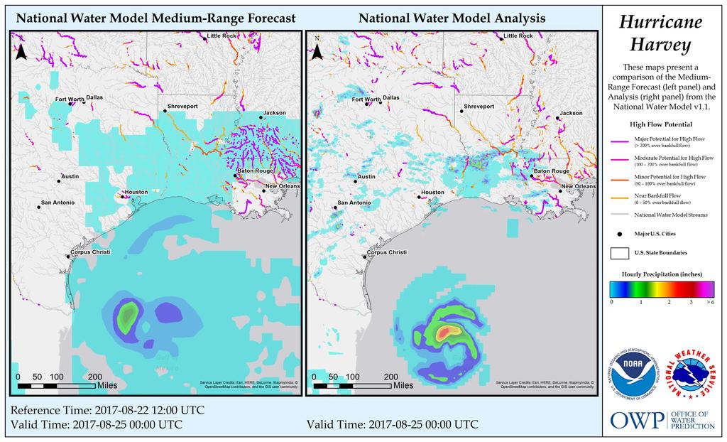 NWM Streamﬂow Forecast for Hurricane Harvey 10 Day Forecast (leh) and corresponding Analysis (right): 12Z Aug 22 12Z Sep 1 NWM Streamﬂow Forecast with