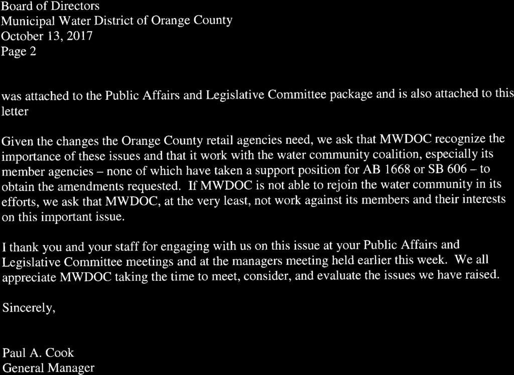 Board of Directors Municipal Water District of Orange County October 13,20ll Page2 was attached to the Public Affairs and Legislative Committee package and is also attached to this letter Given the