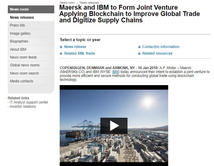 On January 16, IBM and Maersk announced plans to form a join venture to improve global trade and digitize supply chains Based on blockchain, the new technology will empower faster, more efficient and