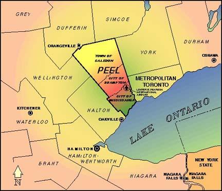 Region of Peel Located in Southern Ontario Next to Toronto One hour north of USA, Niagara Border Rural and Urban