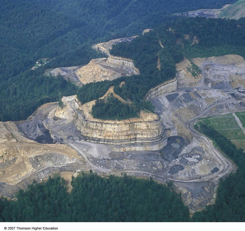 Mountaintop Removal Machinery removes the tops of mountains to expose coal.