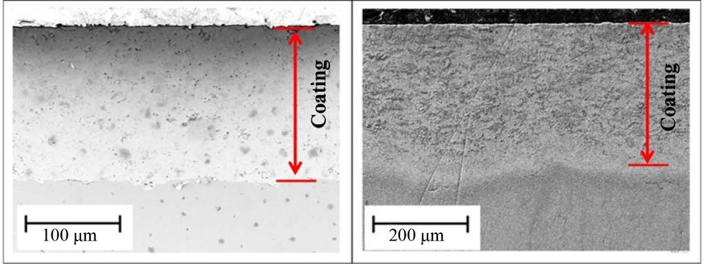 The polished surface morphology of microstructure of thermally sprayed coatings was presented in Figure 1 and Figure 2. The film thickness was evaluated with Figure 1 was summarized in Table 1.