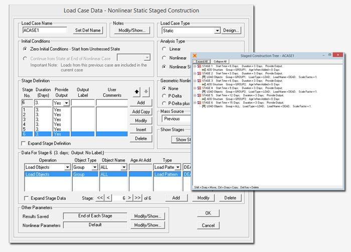 Time Dependent Staged construction is a type of nonlinear analysis in SAP2000 that is allows you to define a sequence of stages wherein you can add or remove portions of the structure, selectively