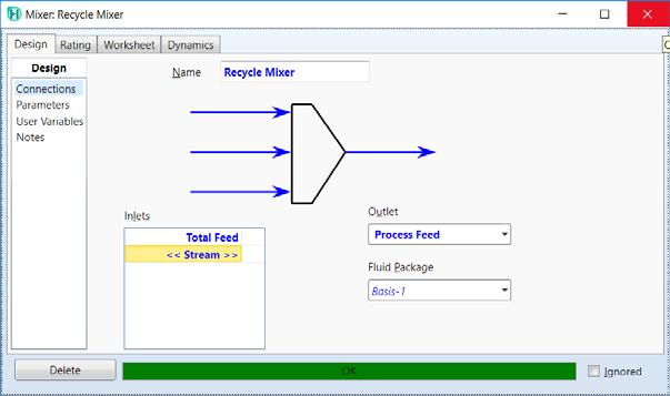 Select Process Feed as the Outlet. For now, only select Total Feed as the Inlet. At this point the simulation has converged but without the Recycled Gas being mixed with the fresh feed.