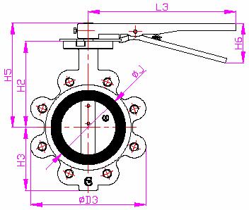 Series LT PN 10/PN16 butterfly valve, lug type with handlever Dimensions: Size face-toface dimension DIN 3202 K1 L 1 3) L 2 L 3 D 12 D 3 H 2 H 3 H 5 H 6 J weight kg ca.