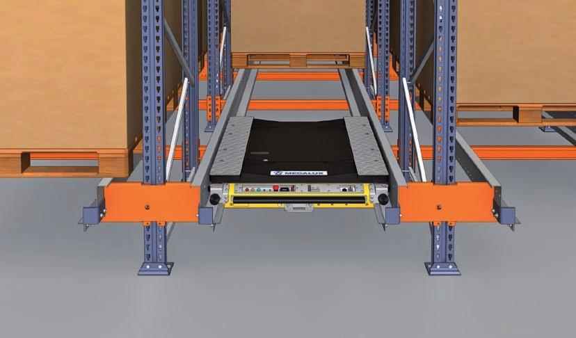 This is a semiautomatic compact pallet storage system that uses shuttles to move independently within the rack itself, meaning forklifts are not need to reach inside the