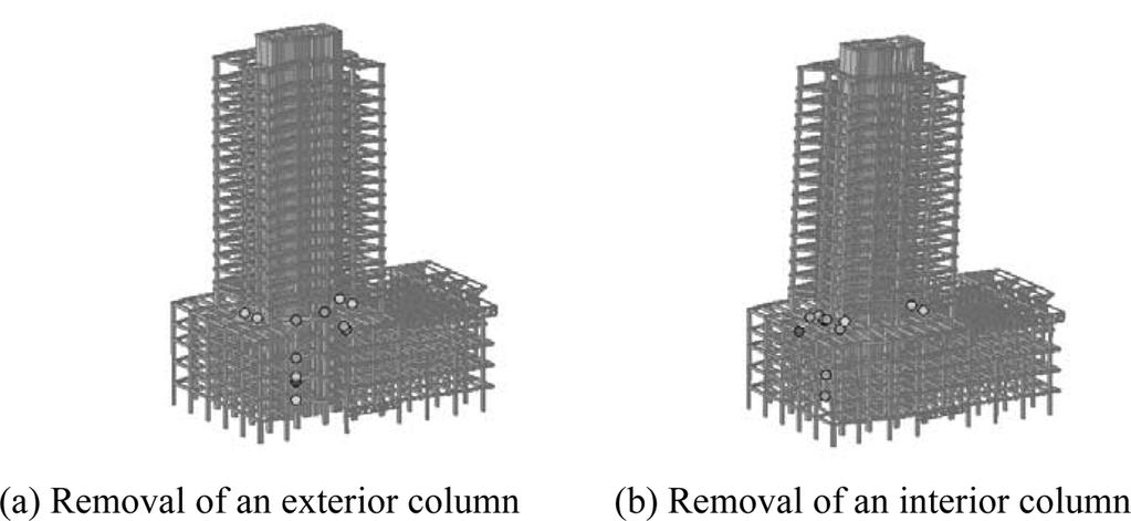 When one of the exterior columns was removed, DCR of two beams in the fifth story exceeded the limit state as shown in Fig. 7(a).