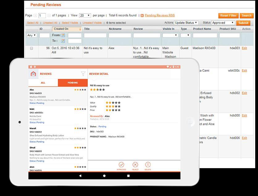 To view Pending Reviews navigate to Catalog -> Reviews and Ratings -> Customer Reviews -> Pending Reviews. A grid of Pending reviews with its details will be displayed.