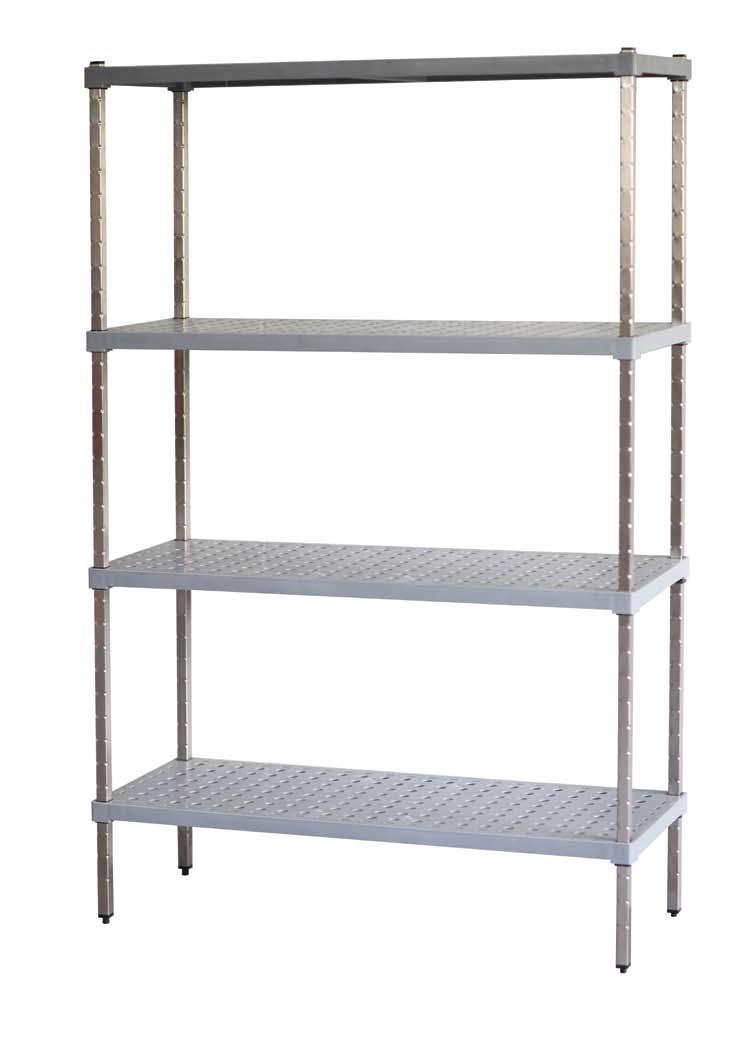 Clear access corner units and add on units use stainless steel M-Span shelf clips eliminating 2 posts. All Shelf Posts come standard with adjustable feet.