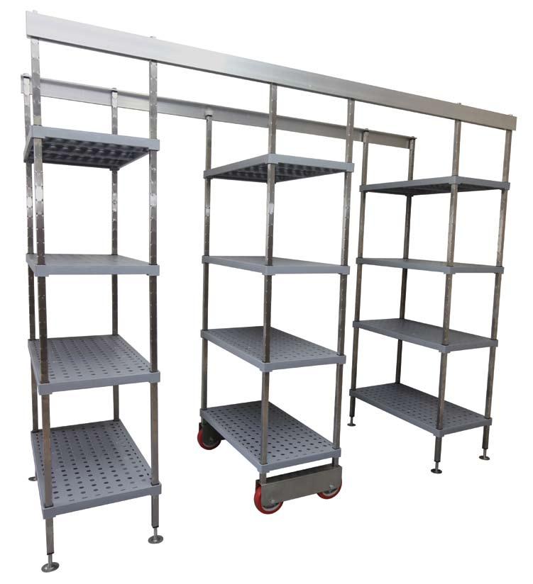 Guided between the top tracks shelving bays can be easily opened when required.