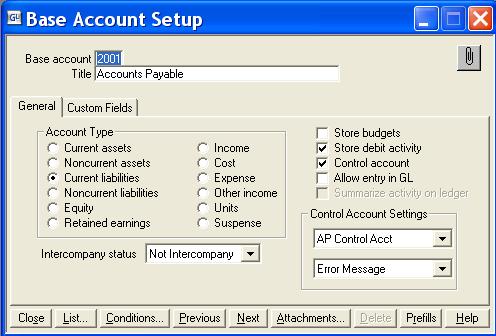 If you mark the Use control account types checkbox and an account is designated as a control account, the control account settings must be designated for all control accounts.