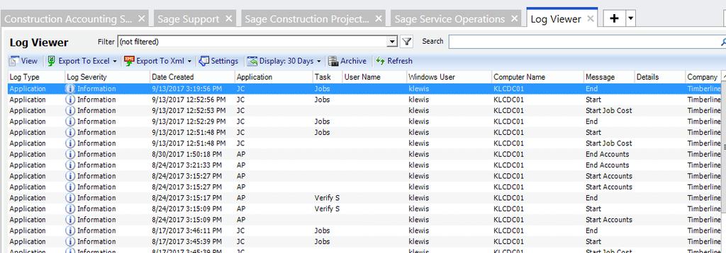 Log Viewer The Log Viewer in Sage Desktop enables you to log operators daily procedures. This will tell you who went where and performed what task. It can also be downloaded to Excel to be sorted.