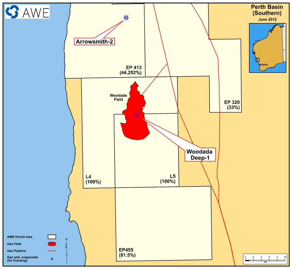 Woodada and Arrowsmith operations Woodada Deep (AWE 100%) 3 separate zones planned to be stimulated and flow tested Two Carynginia Shale and Siltstone targets, plus Beekeeper Limestone target above