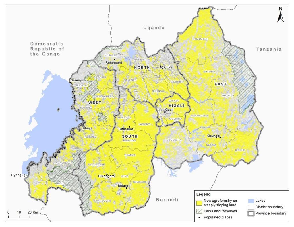 Rwanda s plan for restoration interventions West South Land use (ha) Rwanda Land that is: - agricultural -non-forested -sloping (5-55%).