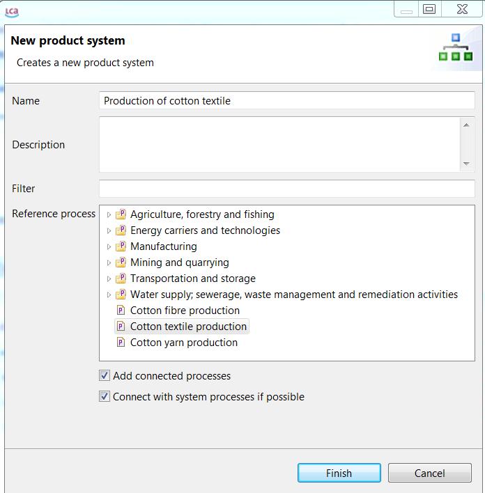 Right-click on the Product systems folder and select New product system. Give the product system a name and choose the reference process (Cotton textile production). Figure 17.