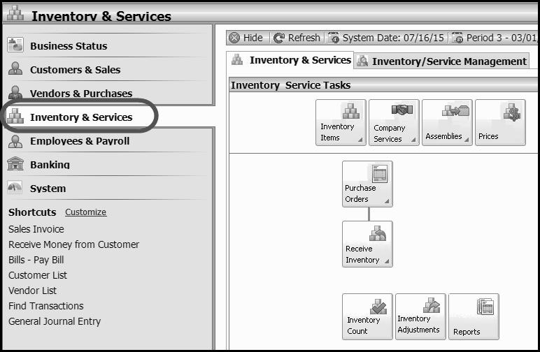 General Ledger, Inventory, and Internal Control 167 The Inventory & Services Navigation Center also includes an Inventory/Service Management tab.