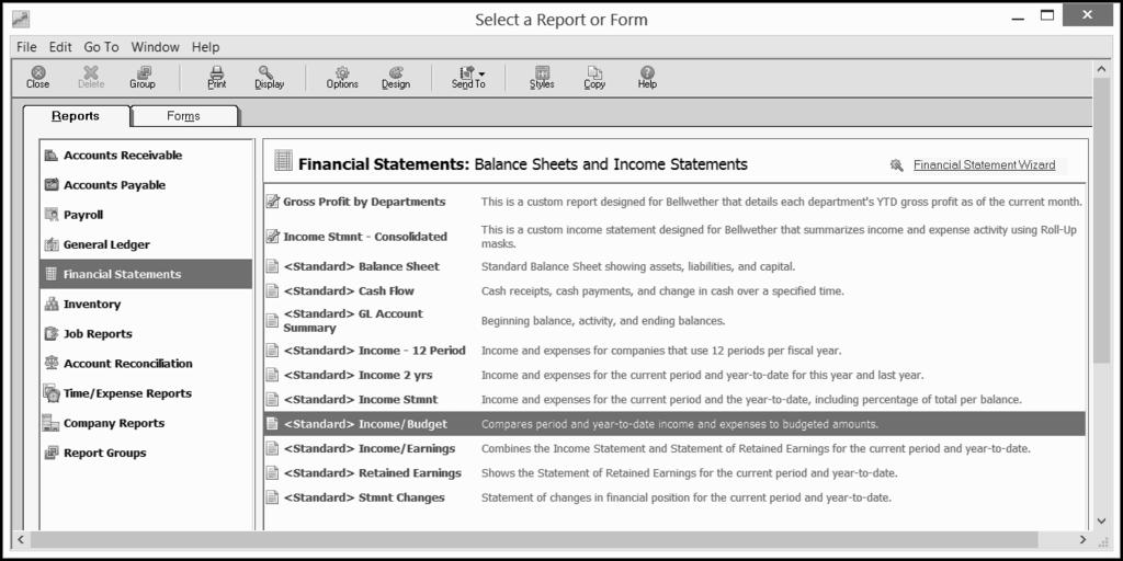 From the menu bar, select Reports & Forms > Financial Statements > then <Standard> Income/Budget. 3. Click.