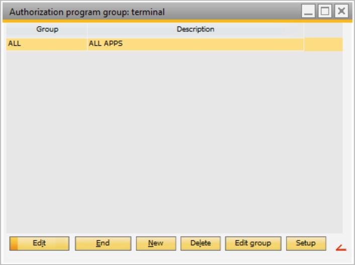 Beas has already created a group called Terminal. In order to create an authorization group, click on the button Authorization Group. A new screen is displayed.