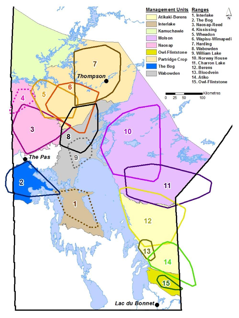 Figure 4. Delineated Boreal Caribou Ranges 1 within Management Units in Manitoba. 1 Justification for delineating range boundaries can be found in Appendix B.