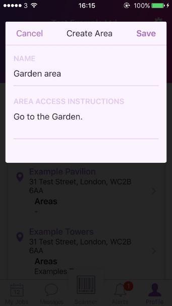 2) If the Venue requires an additional area adding, please tap Add Area to bring up the New Area field