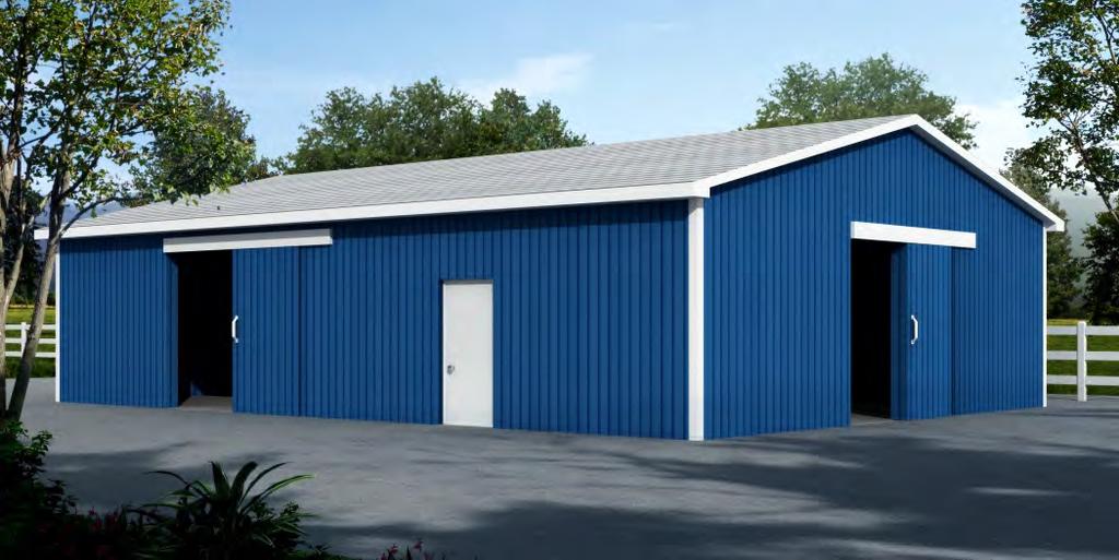 2 x4 roof purlins Painted steel siding & roofing 36 steel insulated service door Sliding or overhead doors per plan Eave overhangs FREE pole building custom design estimating service available.