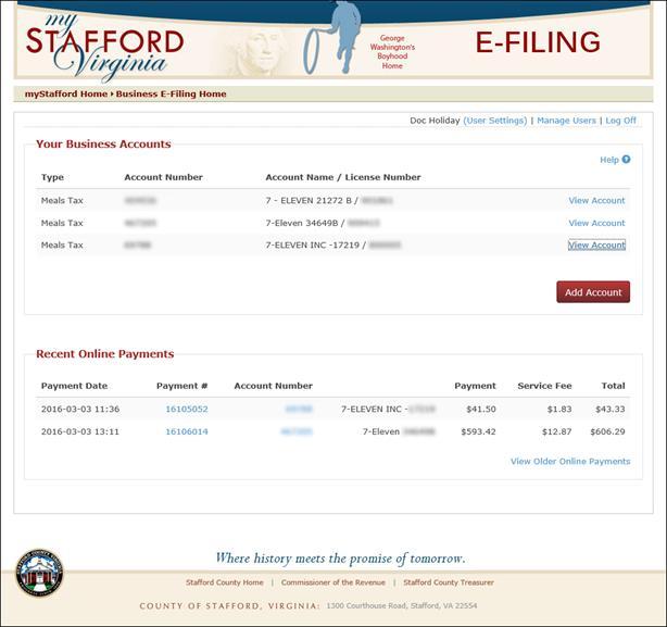 mystafford E-Filing Account Page For
