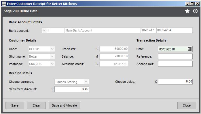3.1.3 How To Post A Sales Receipt. Use the Receipt button on the toolbar menu of the Customer List to record details of payments received from customers.