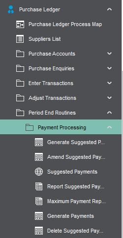 A further part to the Purchase module is the Payments section. This allows the user to automate creating payments to your suppliers based on the date due.