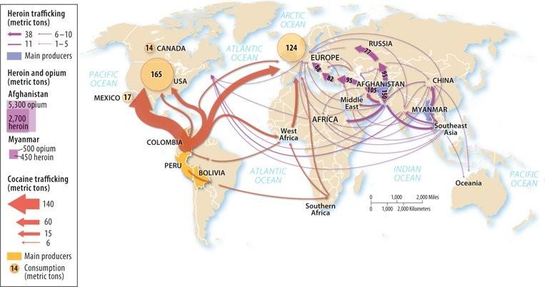 Visuals - 1 Using the above map, observe that A) Southern Africa is the biggest exporter of cocaine.