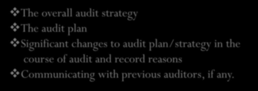 The overall audit strategy The audit plan Significant changes to audit plan/strategy in