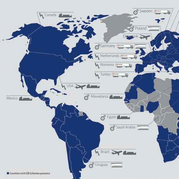 Global presence and local commitment. DB Schenker is present in several regions all over the world (see highlighted parts in the map).