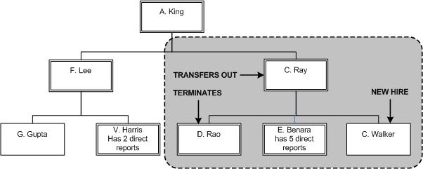 Changes occurring in A. King's hierarchy during the reporting period Within A. King's hierarchy there has been one hire, one termination, and 8 transfers out. The transfers out comprise C. Ray, E.