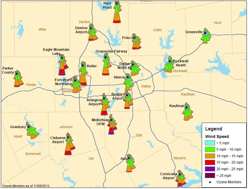 Air Quality Division DFW Conceptual Model Review June 16, 2014 Page 16 Wind Effect on Ozone Concentrations When ozone is below 75 ppb, the winds are more frequently from the south, and the