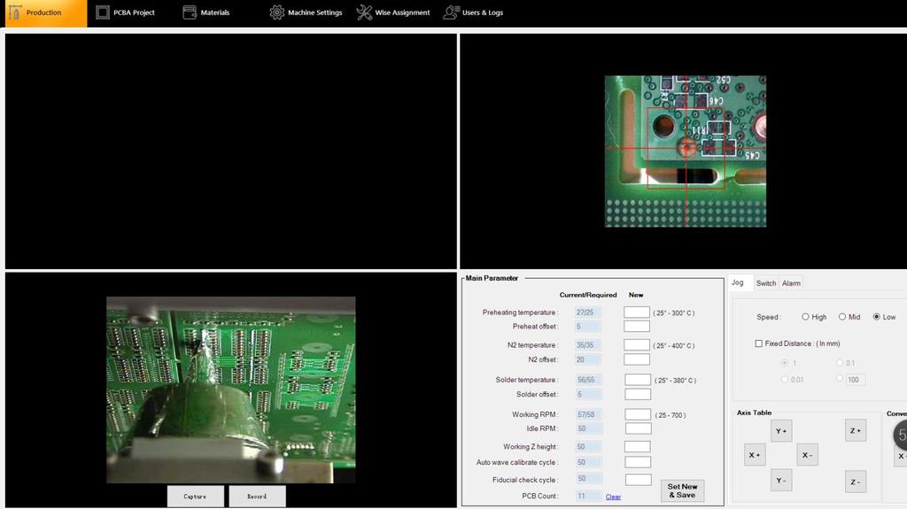 Production Software In the production overview, the software shows: in real-time the working progress Fiducial Camera