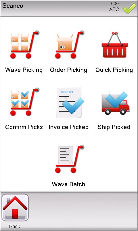 Press Wave or Order Picking icon in the Picking applications screen to begin the program.