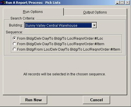 Pick Lists The PICK LIST report lists items that can be used to fill orders and/or requisitions, based on criteria selected during the most recent ORDER PROCESSING run.