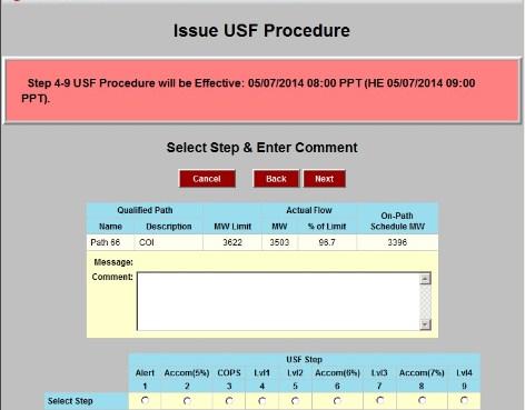 CAISO USF Mitigation Procedure 3510 The next screen is populated with the appropriate USF step and comments.