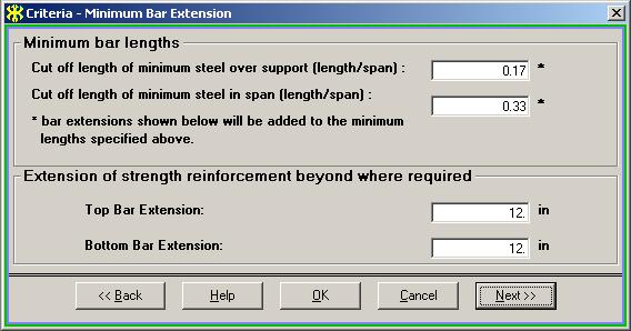 Click Next at the bottom of the screen to open the next input screen, Criteria Minimum Bar Extension. vi. Specify Minimum Bar Length And Bar Extension Of Mild Steel Reinforcement (Fig 1.
