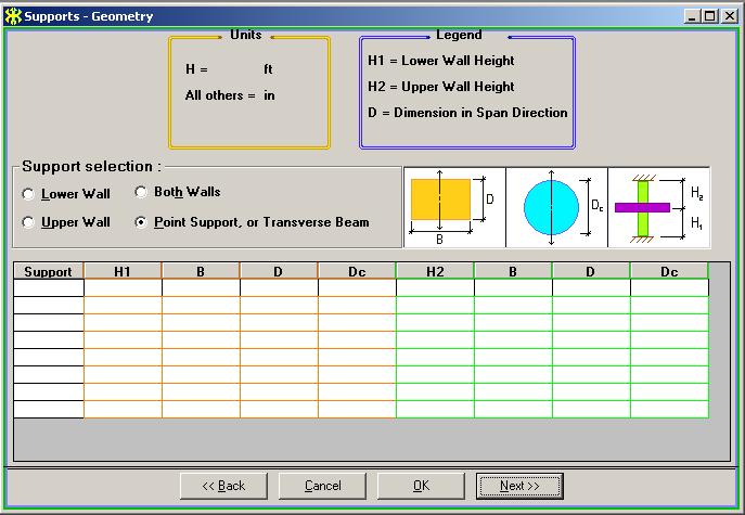 Click on Next on the bottom line to open the Supports Geometry input screen. iii. Enter Supports-Geometry (Fig 1.1-5) This screen is used to input column or wall heights, widths and depths.