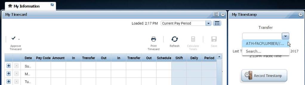 1. To transfer time to another job, in the My Timestamp section, click on the drop down arrow under the Transfer field and click on Search.