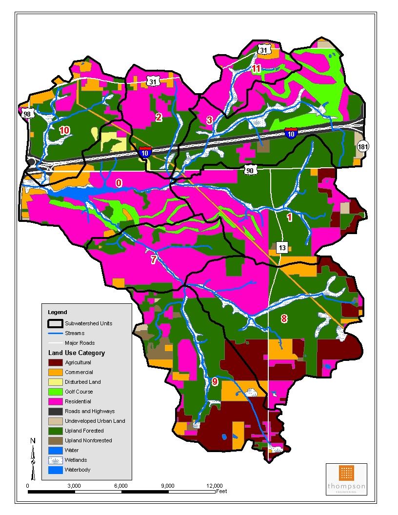 Current Land Use in the D Olive Watershed Urban land use currently comprises 47% of the watershed; while upland forest and agriculture areas cover 36% and nine percent,