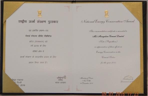 This award is given in recognition of Energy Conservation for