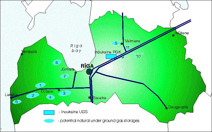 Existing and potential underground gas storages: 1 Snepele, 2 Aizpute, 3 Dobele, 4