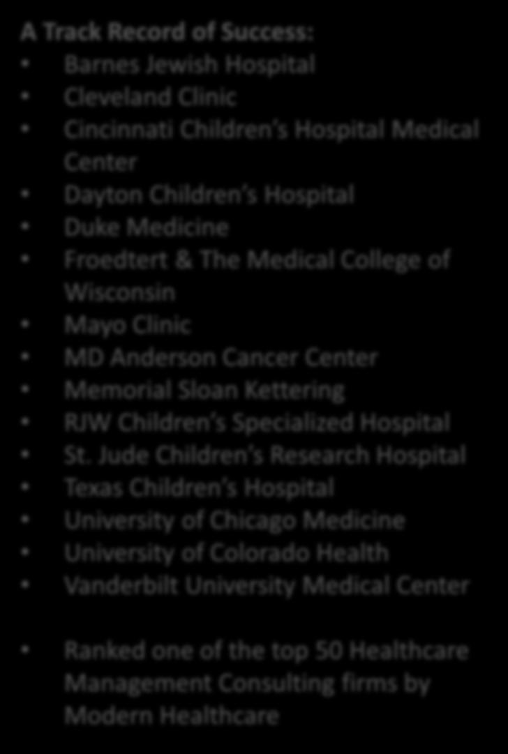 Jude Children s Research Hospital Texas Children s Hospital University of Chicago Medicine University of Colorado Health Vanderbilt University Medical Center Ranked one of the top 50 Healthcare