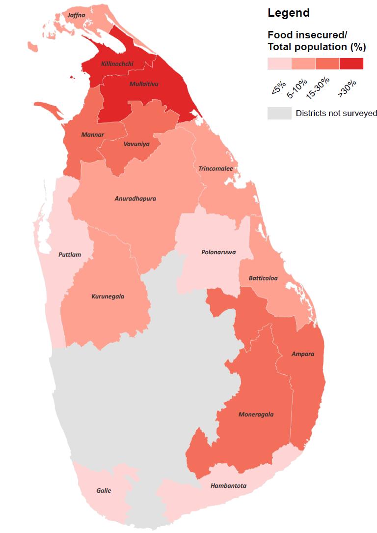 District Number of Food Insecure People Total population % Mullaitivu 44,637 91,947 49% Killinochchi Moneragala Ampara 34,651 112,875 108,677 448,142 143,461 648,057 31% 24% 22% Mannar 20,771 99,051