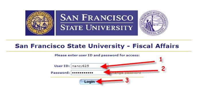 3. It will bring you to the Data View Login (https://sfsu.documentportal.com/servlet/data) a. Type in your User ID (1) and Password (2) then click on Login (3) 4.