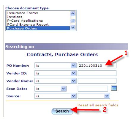5. Type in your PO number (1) and click Search (2) 6.