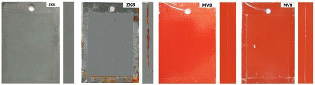 Fig.2 Photos of samples before exposure in corrosion chamber and after 720 h exposure in paint matter REMOPLAST EP ZINK (desig.